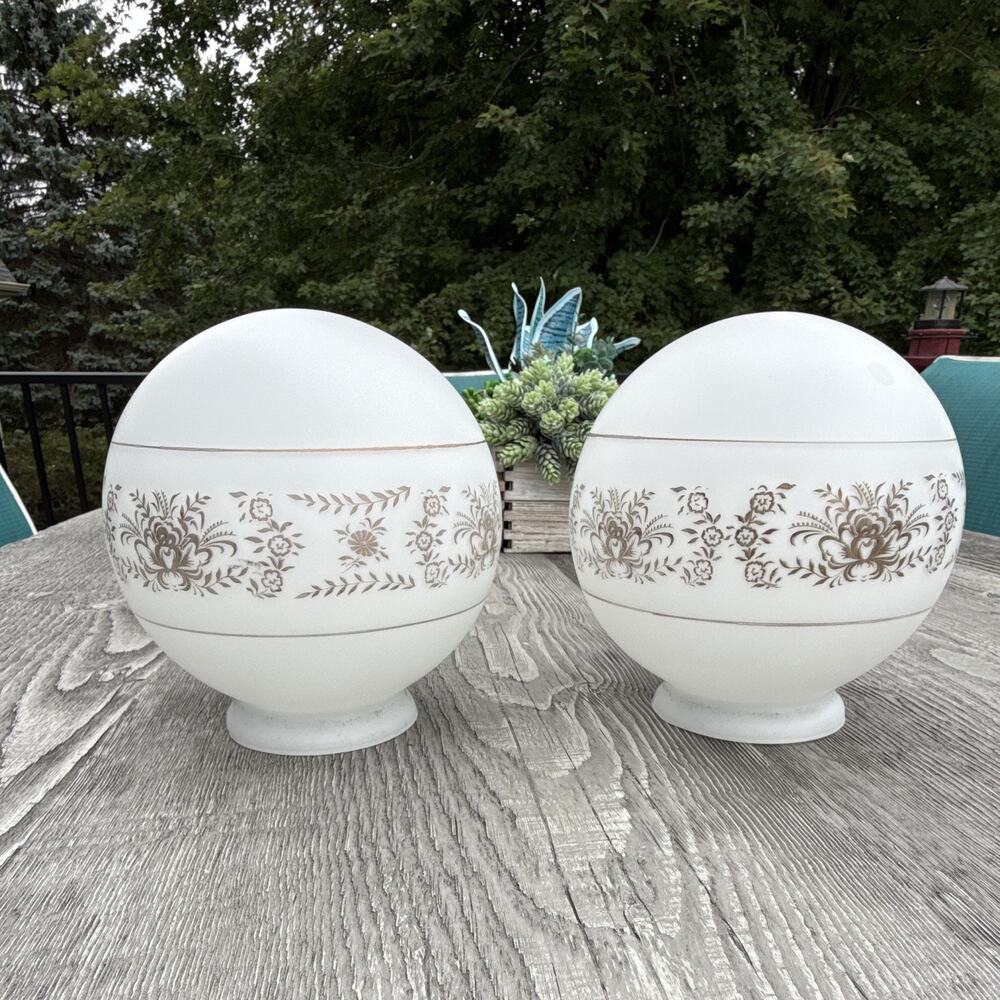 Pair vintage White Glass Globe Lamp Shades Floral Pattern 6 Inch Diameter